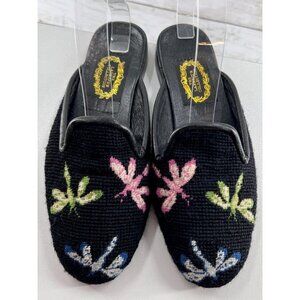 The Larkspur Collection Mules Women's XS Black Needlepoint Flats Dragonfly